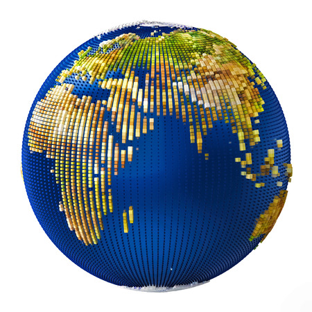 Earth consisting of small cubes isolated on white backgroundsの写真素材
