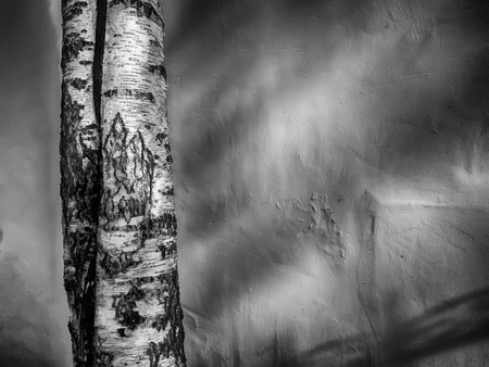 Birch trunk against yellow wallの写真素材