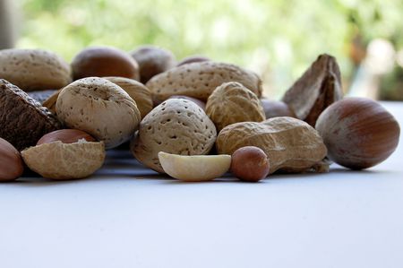Several walnut and hazelnut on white backgroundの写真素材