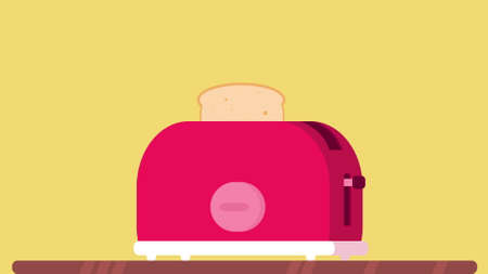 A toaster appears on a wooden table. Toasted slices of bread jump out of the toaster and roll over. The toaster is pink. Sandwich toast for breakfast. Yellow background. Flat style.の写真素材