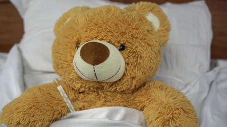 A teddy bear measures the temperature with a mercury thermometer. The bear lies in bed.の写真素材