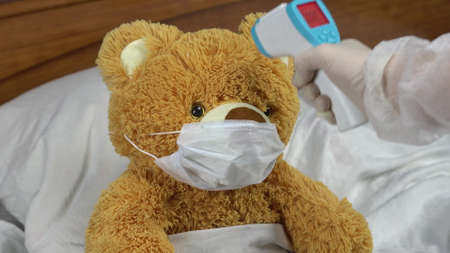 A teddy bear is measured with an infrared thermometer. The doctor makes a temperature measurement...