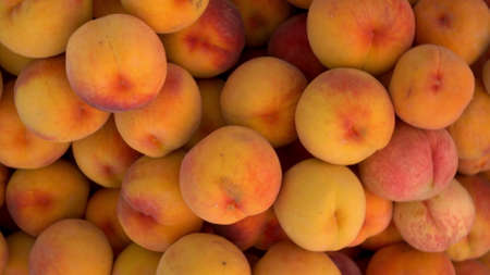 Close-up of many peaches on the market. The camera turns and zooms in.