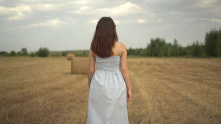 A young woman walks in a field with haystacks. Girl with glasses and a blue dress. Back view.の写真素材