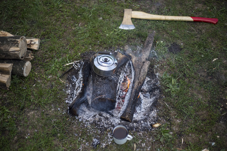 Camping in the woods on the banks of the river.の写真素材