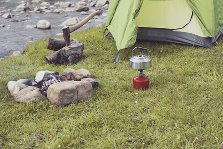 Family Cooking Breakfast On Camping Holiday.の写真素材