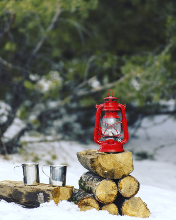 Cooking breakfast on a fire in a tent camp.の写真素材