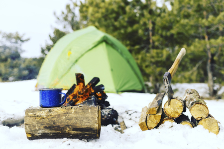 Cooking breakfast in winter camping.の写真素材