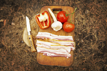 Camping in the forest. Preparation of breakfast at the stake.の写真素材
