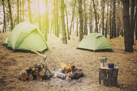 Camping in the forest tents stand around the fire.の写真素材