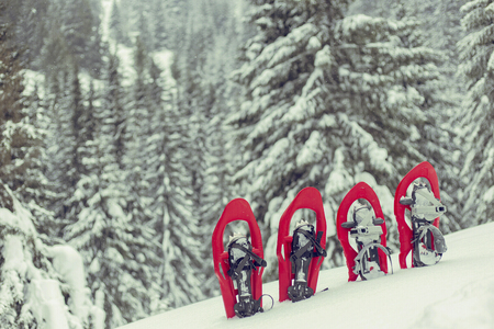 Mountaineer in snowshoes carry a backpack. Journey in the mountains in winter. Extreme vacation in nature.の写真素材