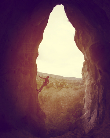 Rock-climbing in Turkey. The climber climbs on the route. Photo from the top.の写真素材