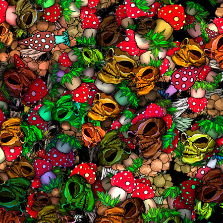 red mushrooms and skulls square background and designの写真素材