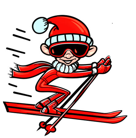 skier rides down the mountain red suit smilesの写真素材