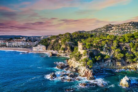Spanish resort town of Lloret de Mar located in Costa Brava is a coastal region of Catalonia. Aerial...