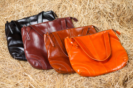 Many colored womens bags in the hayの写真素材