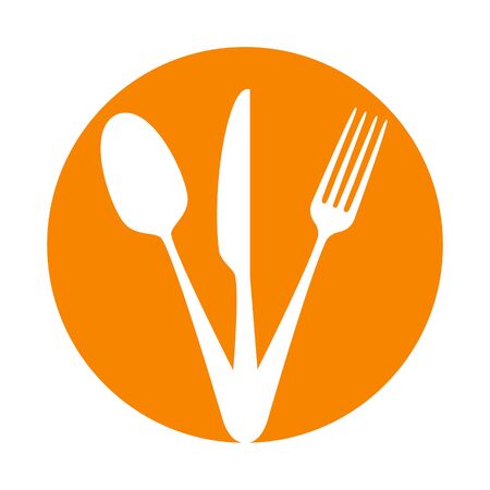 Cooking icons. Fork, spoon and knife isolated vector illustration on the orange circleのイラスト素材