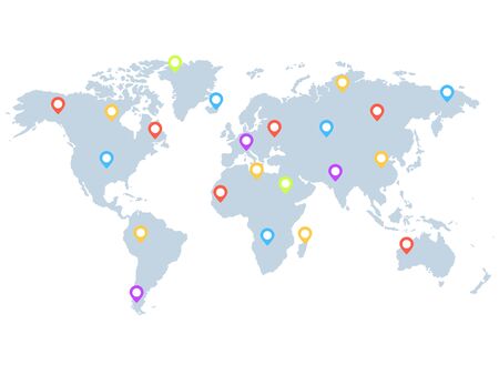 Map pointers with world map, Earth vector icon illustration, location concept. Isolated on whiteのイラスト素材