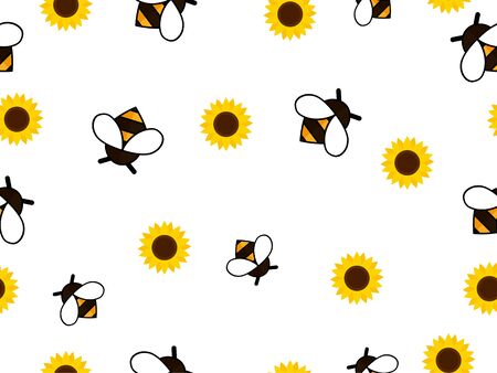 Seamless Pattern with flying bees. Vector Cartoon black and yellow bees isolated on white background. Cartoon doodle cute bees seamless line patternのイラスト素材