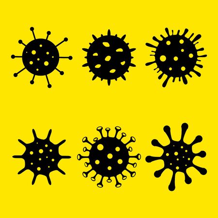 Set of black virus icons. Coronavirus icon isolated on yellow background.のイラスト素材