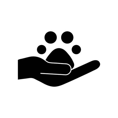 Animals help black silhouette vector illustration isolated on white background. Animal footprint, trace in hands. Voluntary, charity, donation icon.のイラスト素材