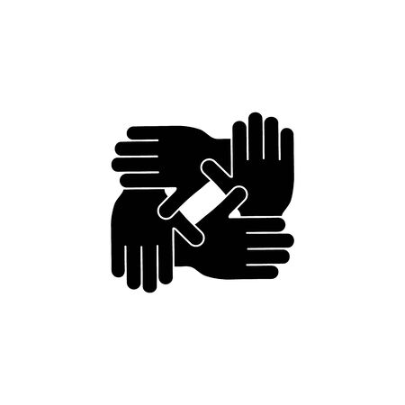 Humanitarian assistance black silhouette vector illustration isolated on white background. Hands together in round shape. Voluntary, charity, donation icon.のイラスト素材