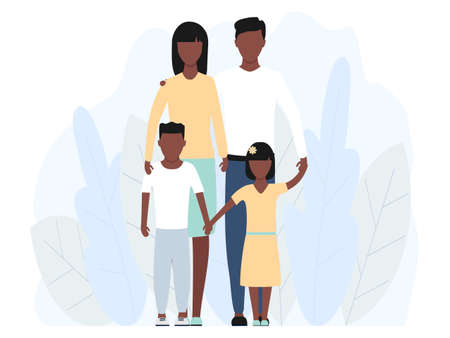 African happy family standing together vector stock illustration isolated on white background. Mother, father and children characters in group.のイラスト素材