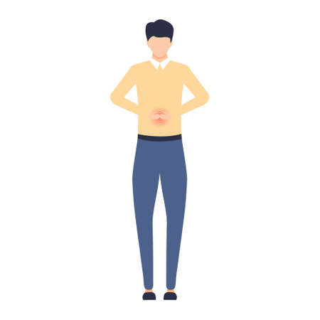 Unhappy man feel pain in the stomach. Sad young employee with belly disorder problem vector isolated on whiteのイラスト素材