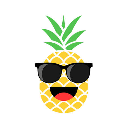 Cartoon pineapple in glasses. Fresh cute exotic fruit wear in sunglasses. Fanny summer vector illustration isolated on white.のイラスト素材