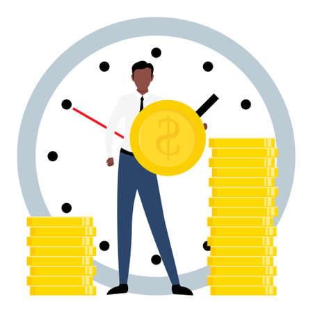 Exchange time with money. Business concept vector illustration isolated on white background. African worker give his time and receive payment.のイラスト素材