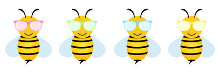 Cartoon bees set in colorful glasses. Cut bee wearing sunglasses collection. Vector illustration isolated on white.のイラスト素材