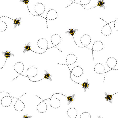 Seamless Pattern with flying bees. Vector Cartoon black and yellow bees isolated on white background. Cartoon doodle cute bees seamless with dotted lines patternのイラスト素材