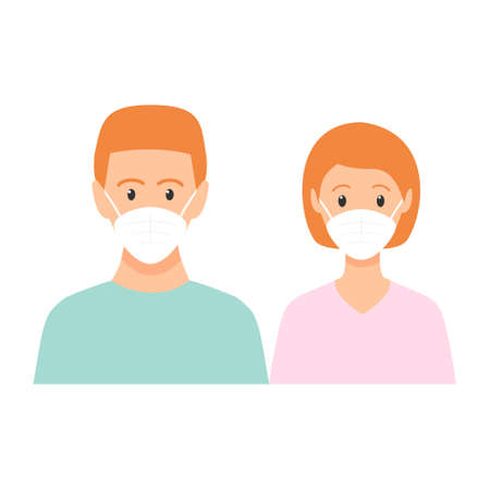 Man and woman with red hair standing together. People wearing face masks, contaminated air, world pollution. Modern flat family vector illustration. Coronavirus concept isolated on white backgroundのイラスト素材