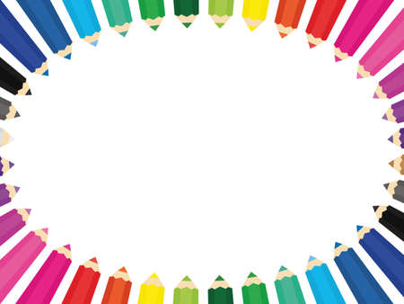 White background with colored pencils. Rectangle frame with pencils and copy space. Vector illustration. Back to school concept.のイラスト素材