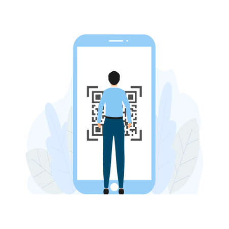 QR code scanning concept. Small man use smartphone and scan qr code for payment goods and services vector illustration isolated on white. Businessman standing near big mobile phone and use.のイラスト素材