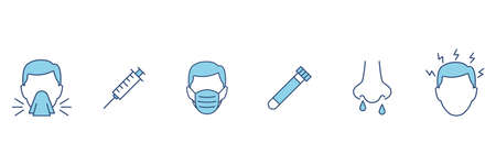 Medicine protection line set icons. Stop virus concept isolated on white. Protection medical elements from virus, air pollution, flu, dust illustration isolated on white.のイラスト素材