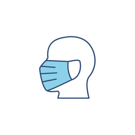 Man head in face mask line blue icon. Protection medical wear from virus, air pollution, flu, dust illustration isolated on white.のイラスト素材