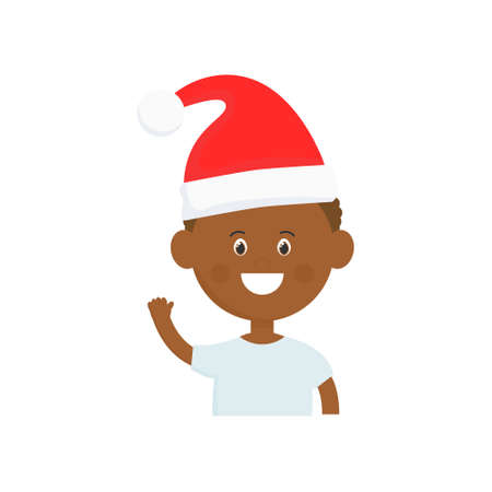 Happy cartoon african boy with Santa hat illustration. Cute Christmas child with raised hands vector. Holidays concept isolated on white background.のイラスト素材