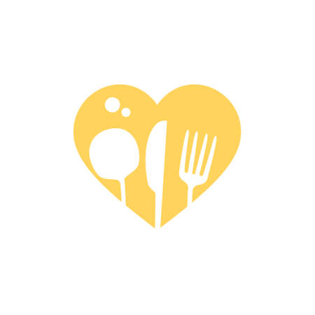 Food flat icon. Fork, spoon and knife in heart shape. Kitchen love tools vector set.のイラスト素材