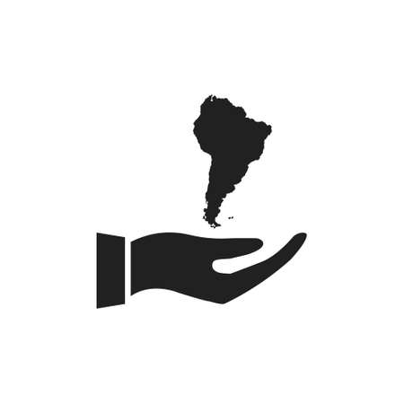 Hand holding South America icon. Black continent outline on human arm. Vector illustration isolated on white. Environment protection concept.のイラスト素材