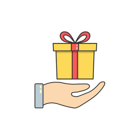 Hand holding yellow gift icon. Holiday colorful outline illustration. Surprise vector conceptのイラスト素材