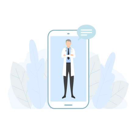 Doctor in mobile phone vector illustration. Online medical consultation. Health care support concept.のイラスト素材