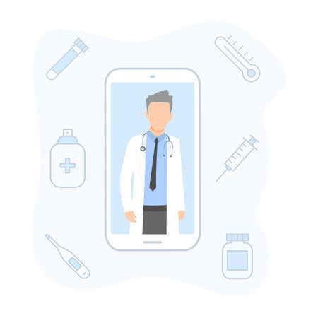 Doctor in mobile phone vector illustration. Online medical consultation. Health care support concept.のイラスト素材