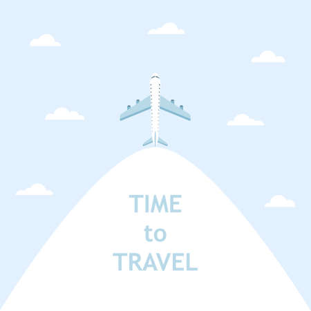 World travel vector illustration. Plane flying in sky. Time to travel concept. Airplane blue symbol.のイラスト素材