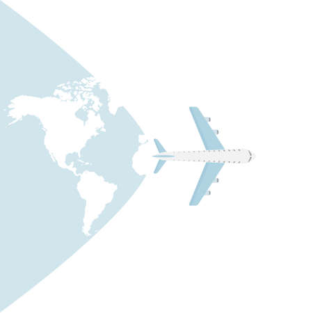 World travel vector illustration. Plane flying in sky. Time to travel concept. Airplane blue symbol.のイラスト素材