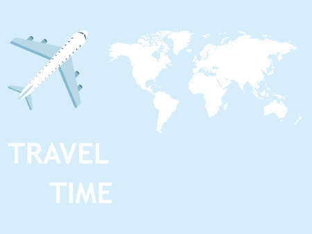 World travel vector illustration. Plane flying in sky. Time to travel concept. Airplane blue symbol.のイラスト素材