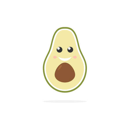 Cute avocado with smile icon. Fresh fruit half vector isolated on white background. Health food symbol.のイラスト素材