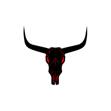 Bull skull icon. Buffalo head with red eyes vector illustration isolated on white. Animal skull with horns. Texas animal head symbol. Dangerous sign.のイラスト素材