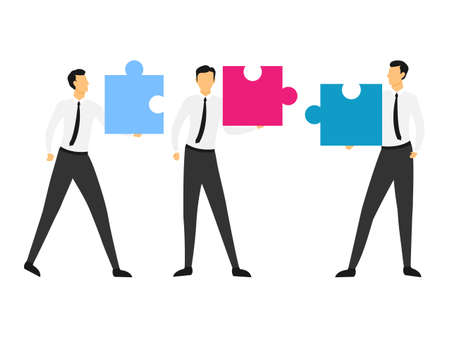 People connecting puzzle. Business concept of partnership, teamwork, cooperation. Team people connecting puzzle. Vector illustration isolated on white.のイラスト素材