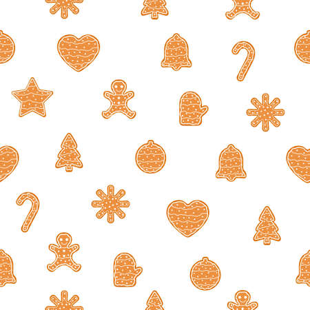 Christmas food seamless pattern white background. Gingerbread cookies icon set. Vector illustration isolated on white.のイラスト素材